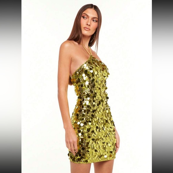 Yellow Sequin Halter Neck Bodycon Dress For Nightclub - Picture 3 of 5